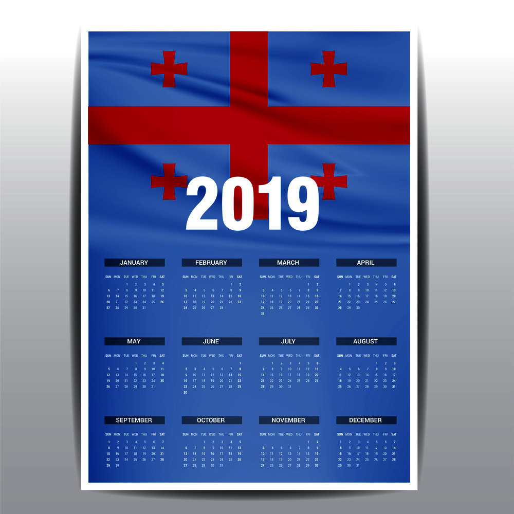 Calendar 2019 Georgia Flag background. English language