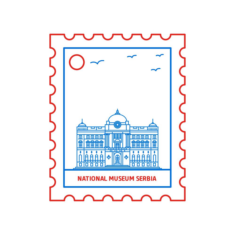 NATIONAL MUSEUM SERBIA postage stamp Blue and red Line Style, vector illustration