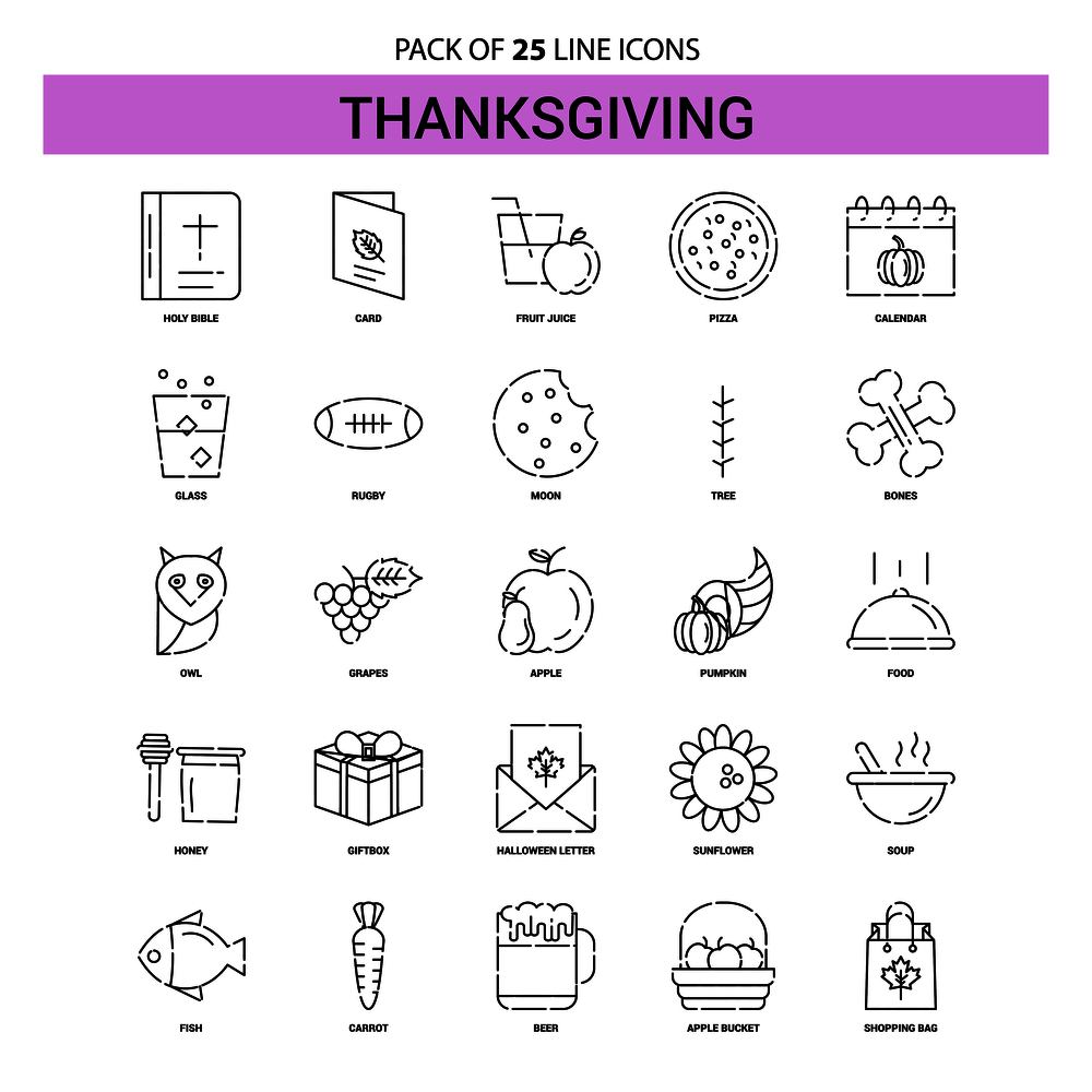 Thanksgiving  Line Icon Set - 25 Dashed Outline Style