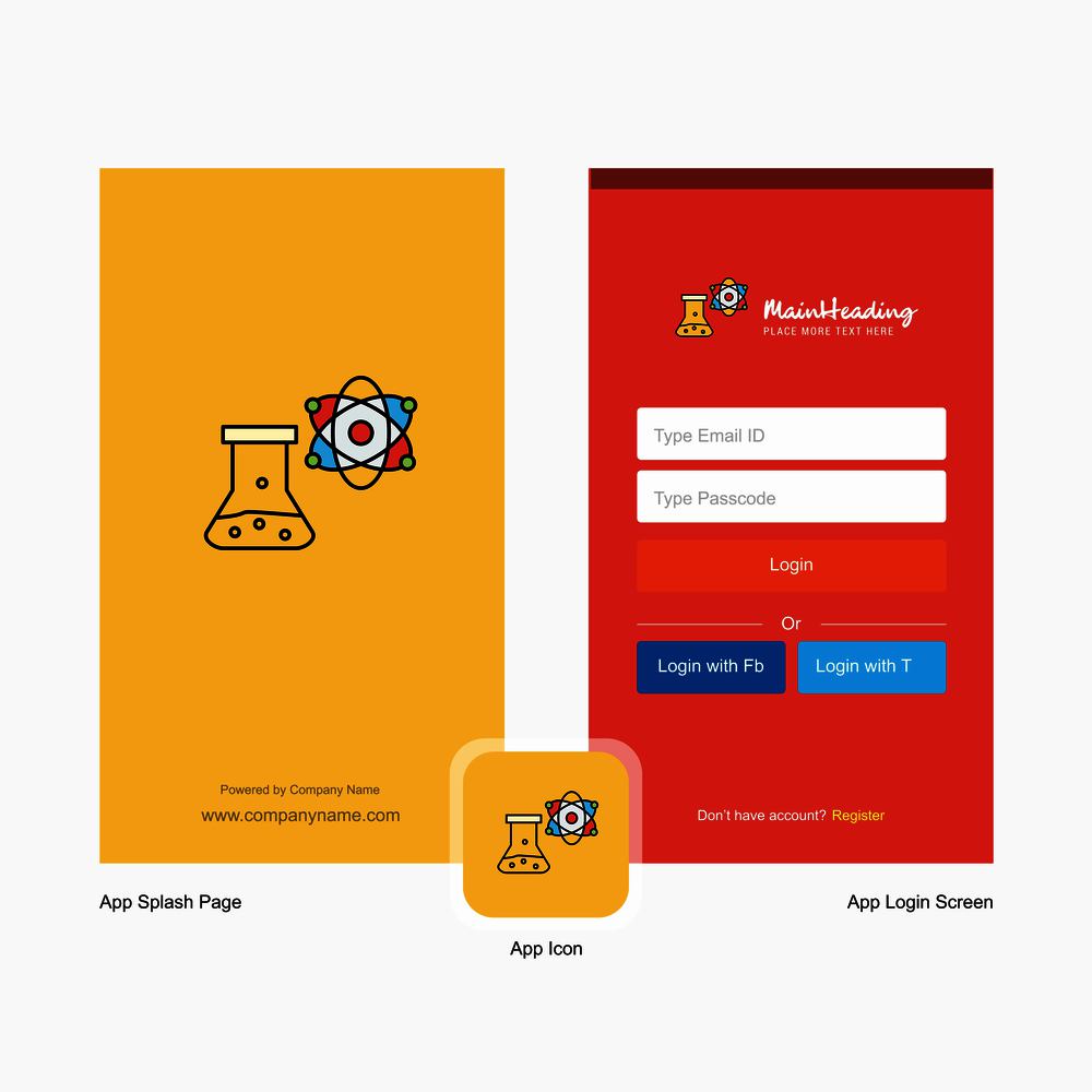 Company Chemical beaker Splash Screen and Login Page design with Logo template. Mobile Online Business Template