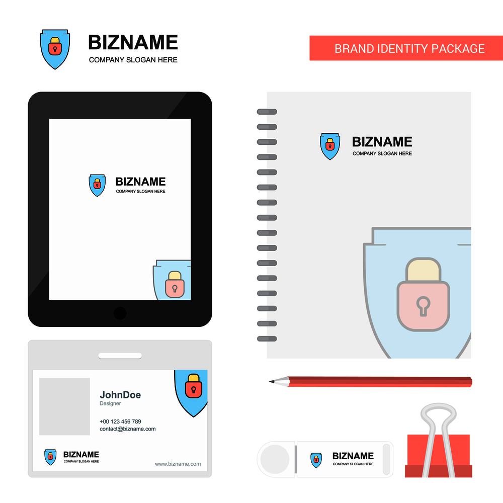 Protected shield  Business Logo, Tab App, Diary PVC Employee Card and USB Brand Stationary Package Design Vector Template