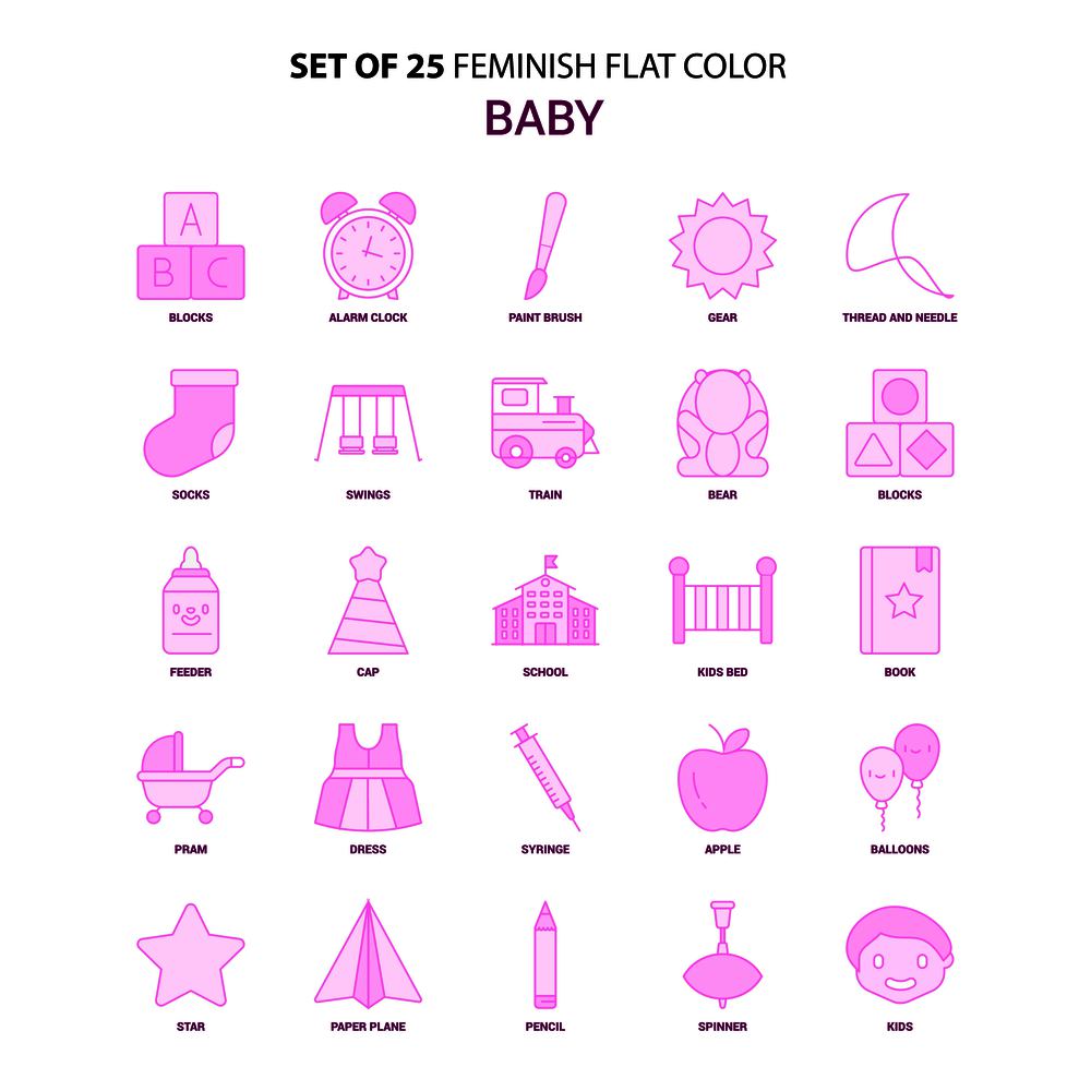 Set of 25 Feminish Baby Flat Color Pink Icon set