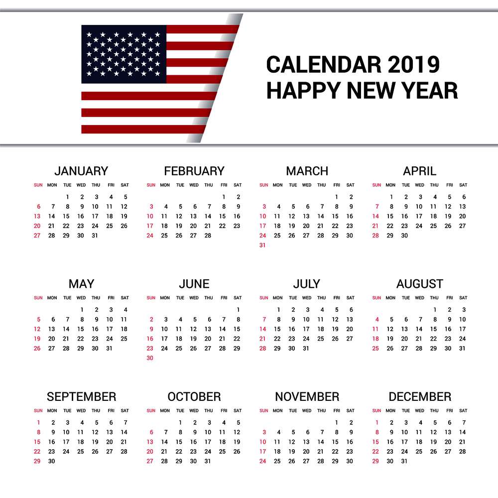 Calendar 2019 United States of America Flag background. English language