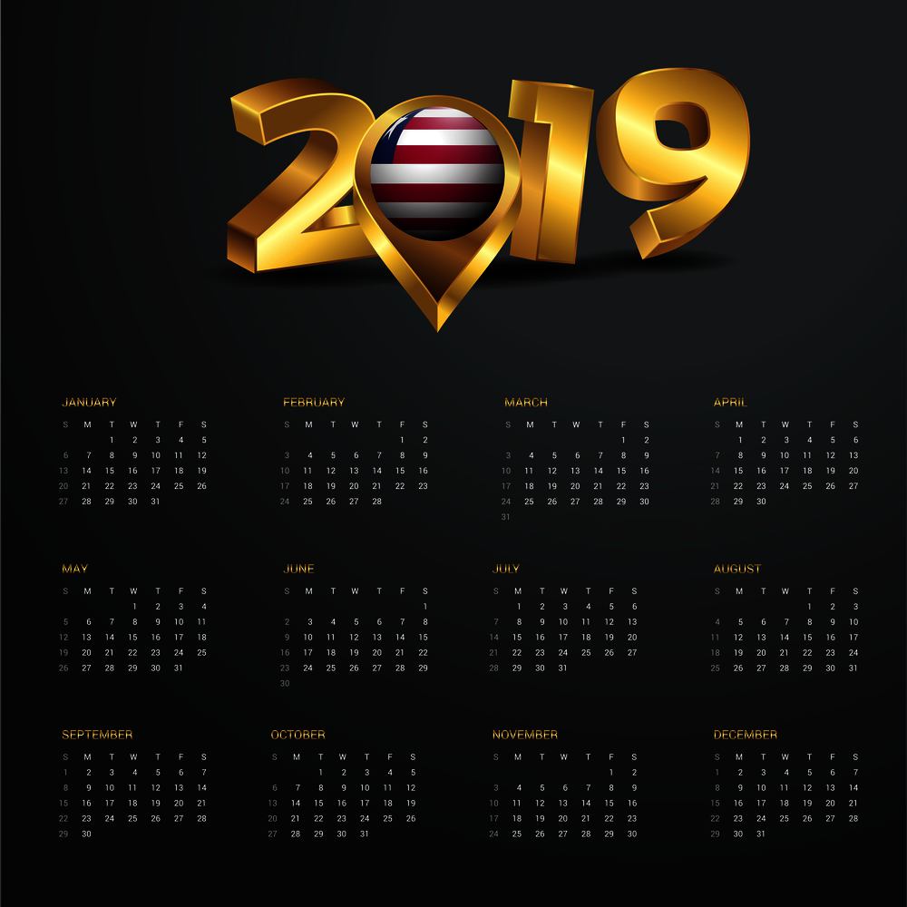 2019 Calendar Template. Liberia Country Map Golden Typography Header