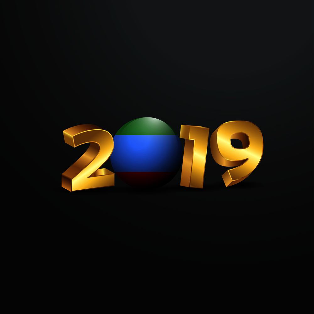 2019 Golden Typography with Dagestan Flag. Happy New Year Lettering