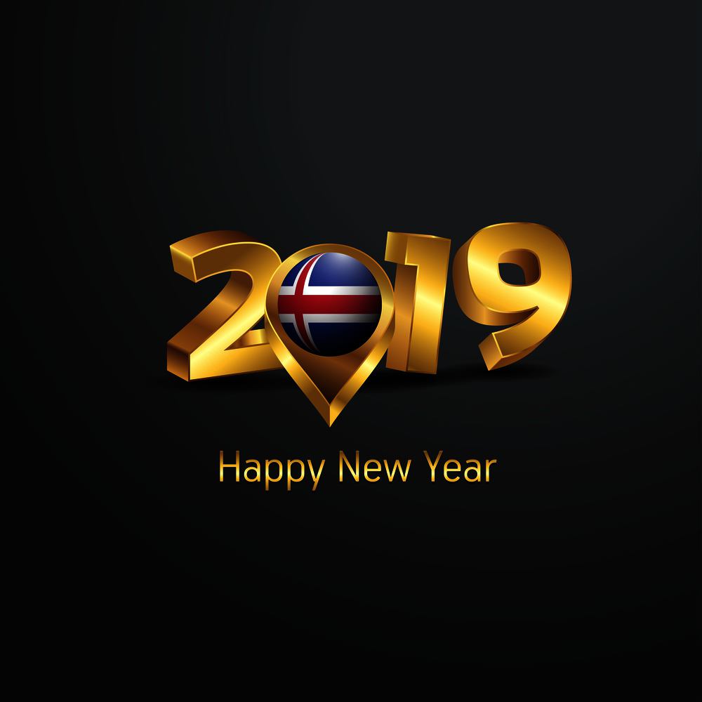 Happy New Year 2019 Golden Typography with Iceland Flag Location Pin. Country Flag  Design