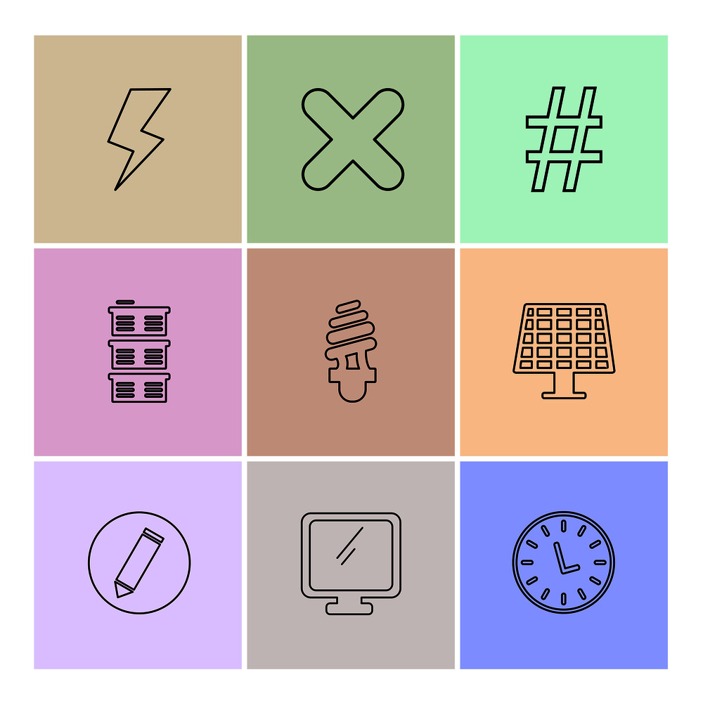 solar panel , clock , bulb, shapes , electronic , time , ecology , icon, vector, design,  flat,  collection, style, creative,  icons , traingle , square , hexagon , pentagon , battery , electricity ,