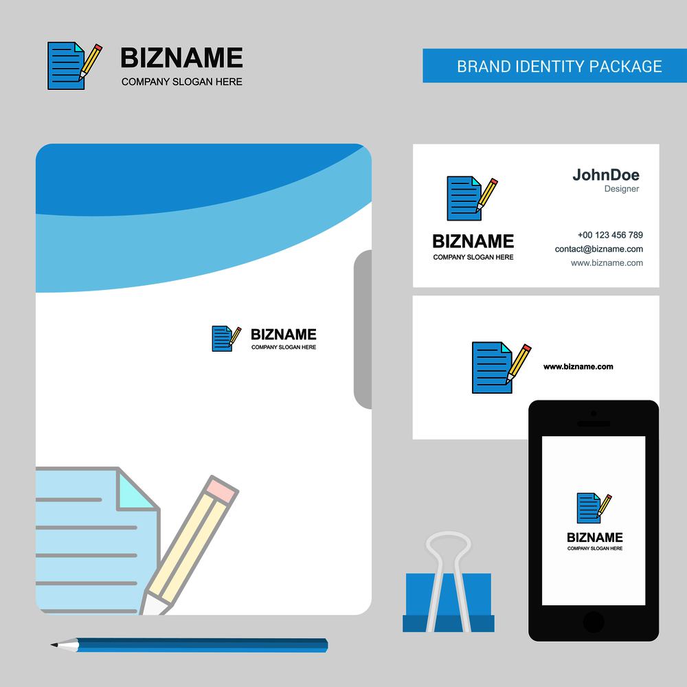 Write document Business Logo, File Cover Visiting Card and Mobile App Design. Vector Illustration