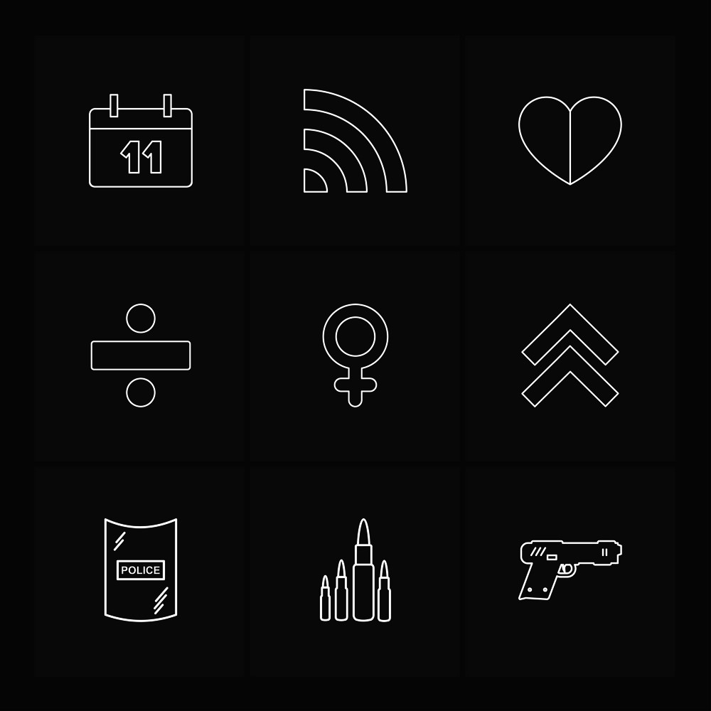 calender,  wifi , heart , divide , female,  up , police, lipstick , gun ,icon, vector, design,  flat,  collection, style, creative,  icons