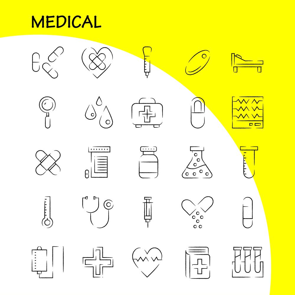 Medical Hand Drawn Icon Pack For Designers And Developers. Icons Of Health, Healthcare, Medical, Bandage, Breakup, Broken Heart, Medical, Vector