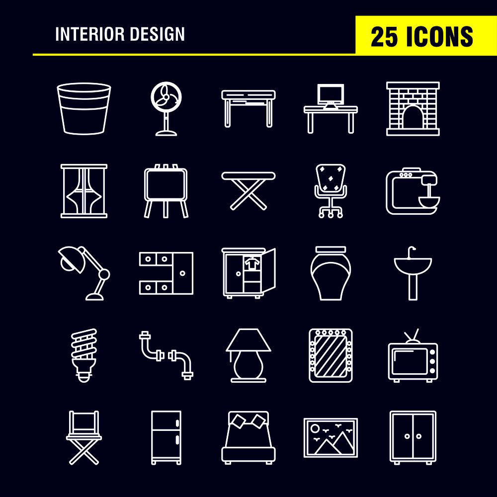 Interior Design  Line Icons Set For Infographics, Mobile UX/UI Kit And Print Design. Include: Iron, Electronics, Home Appliances, Electronics Items, Bath Tub, Eps 10 - Vector