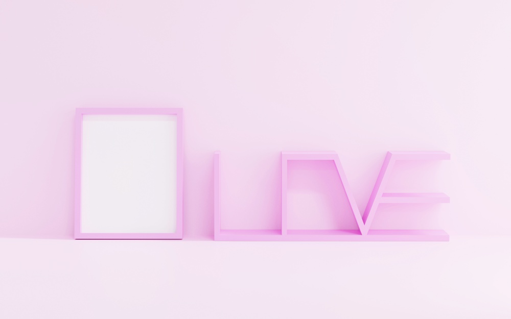 Empty book shelf, Shelves design in letters LOVE with frame isolated on pink background, 3D render