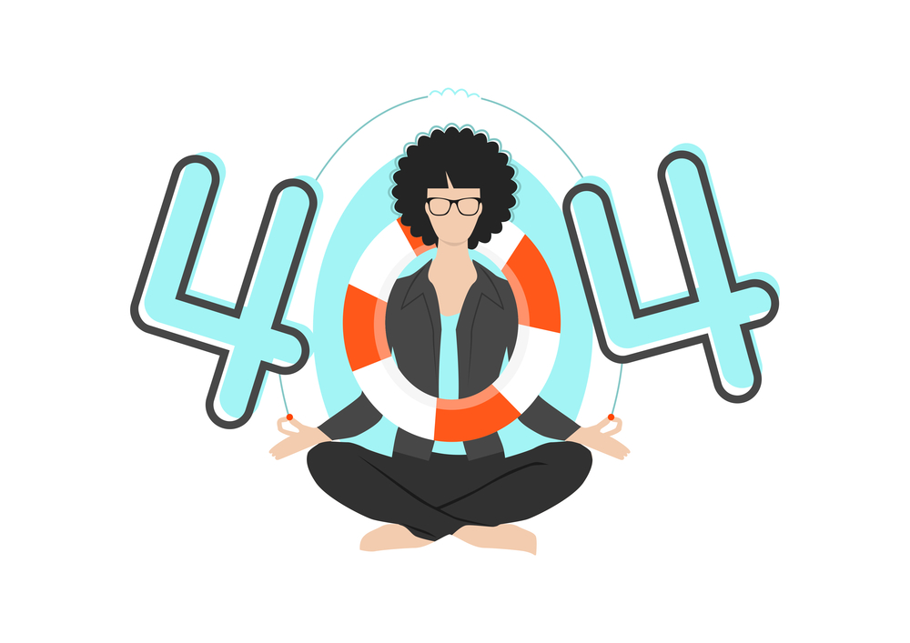 Error 404 concept. Woman sitting in a lotus position with lifebuoy. Flat vector.