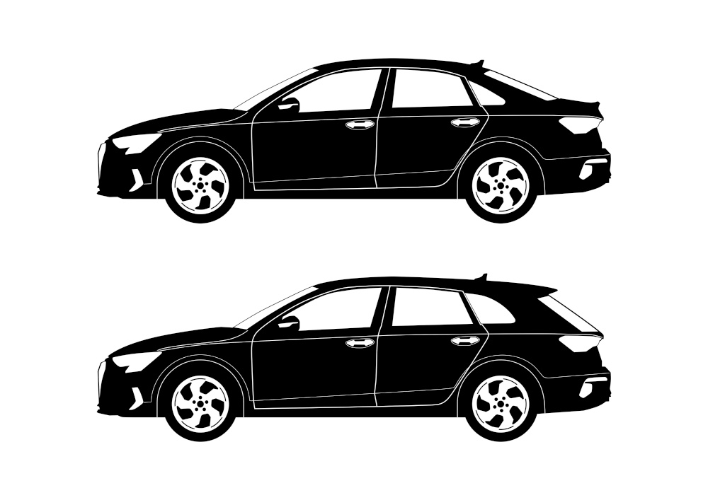 Silhouettes of modern sedan and station wagon cars. Side view. Flat vector.