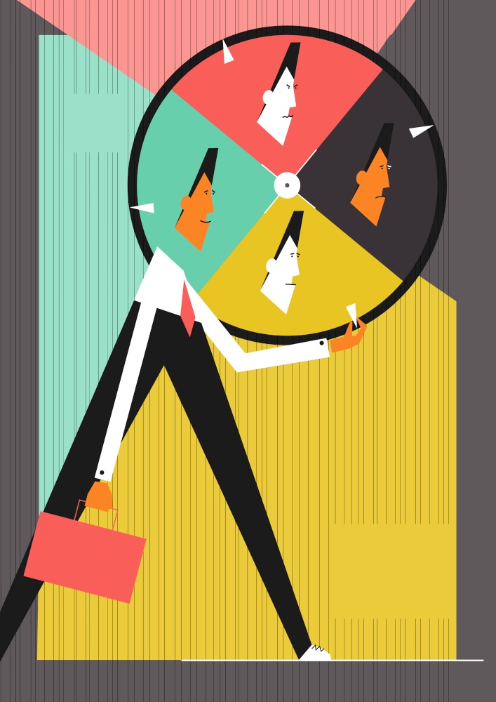 Mood choices concept. Man making decisions about his mood. Flat vector.
