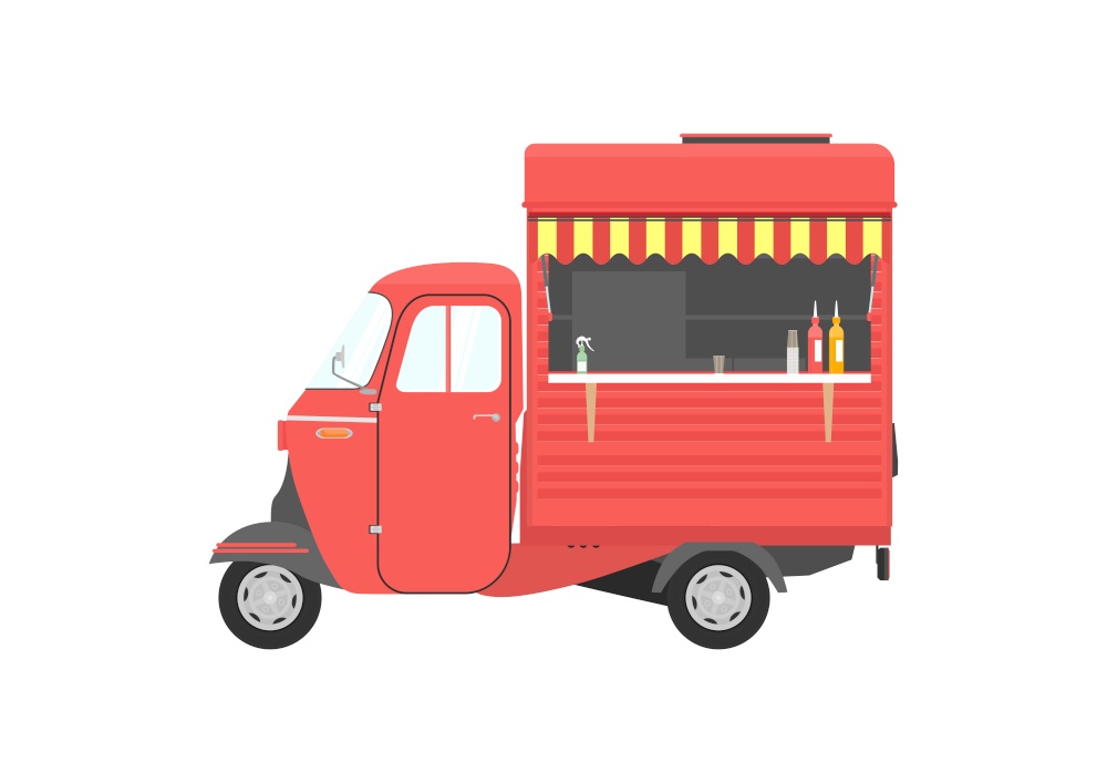 Small three wheeled food truck. Yellow vintage auto rickshaw. Side view. Flat vector.