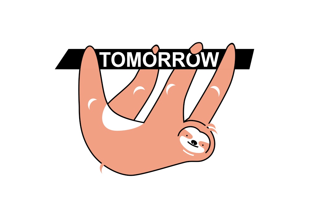 Procrastination concept. Sloth hanging on the word 'tomorrow'. Flat vector.