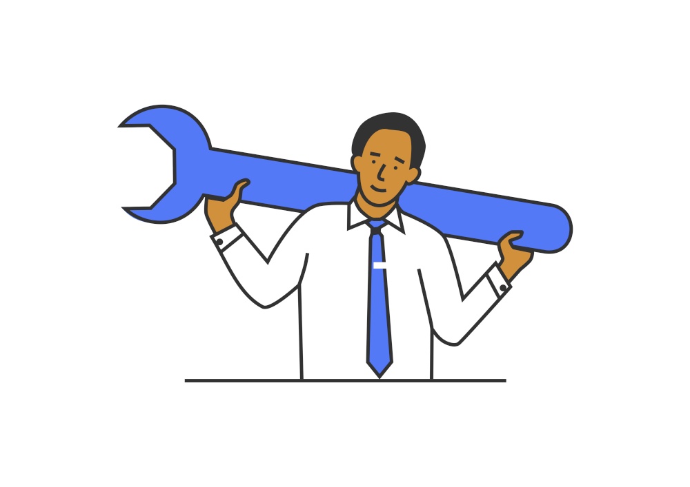 Helpesk service centre concept. Man holding a large wrench. Limited colour flat vector illustration.