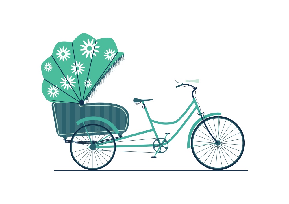 Traditional bicycle rickshaw. Side view. Simplified flat vector with limited colour.