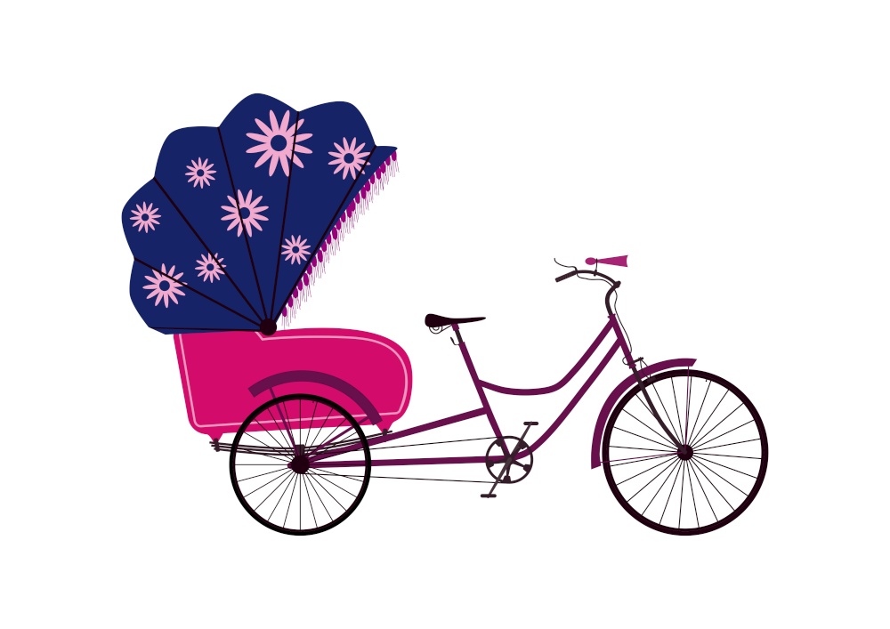 Traditional bicycle rickshaw. Side view. Simplified flat vector with limited colour.