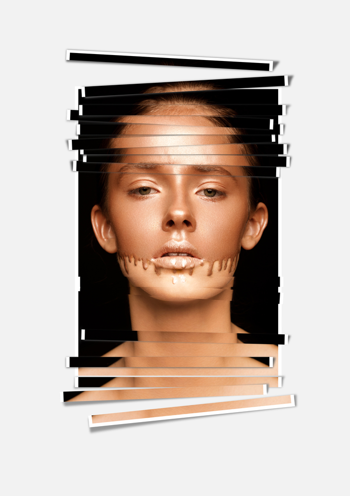 Beauty portrait with foundation makeup over face photo artwork poster on grey background