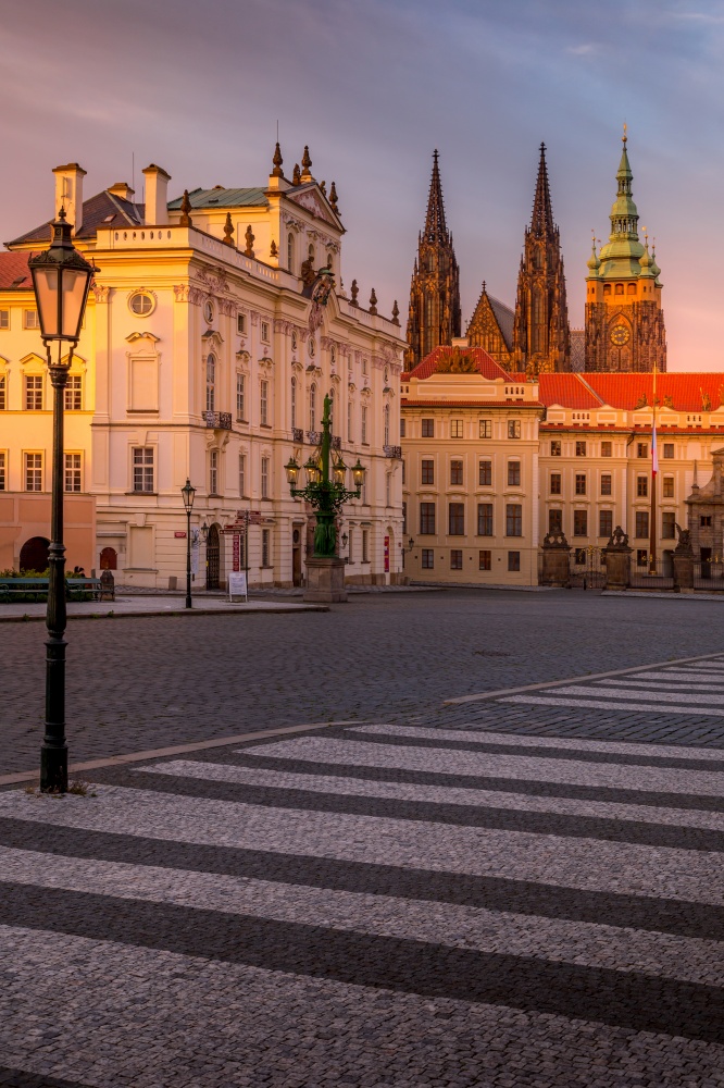 Beautiful sunset over Prague, Prague Castle and Hradcany district, UNESCO World Heritage Site, Czech Republic