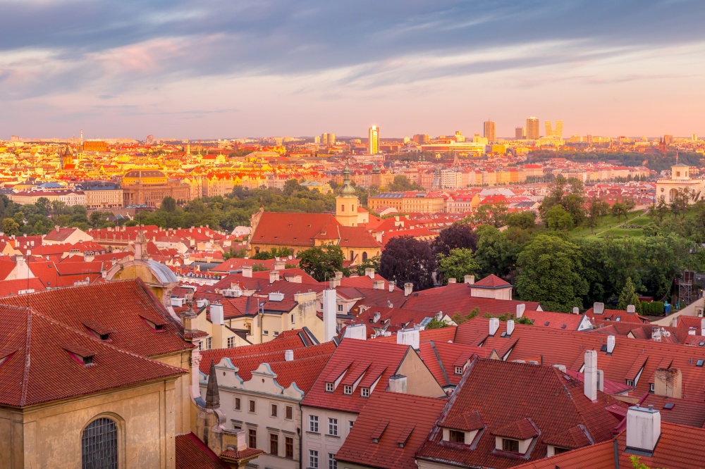 View of Prague from Prague Castle. the sun-drenched city. UNESCO monument, Czech Republic