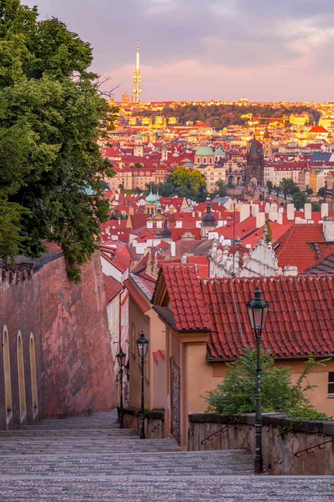 View of Prague from Prague Castle. the sun-drenched city. UNESCO monument, Czech Republic