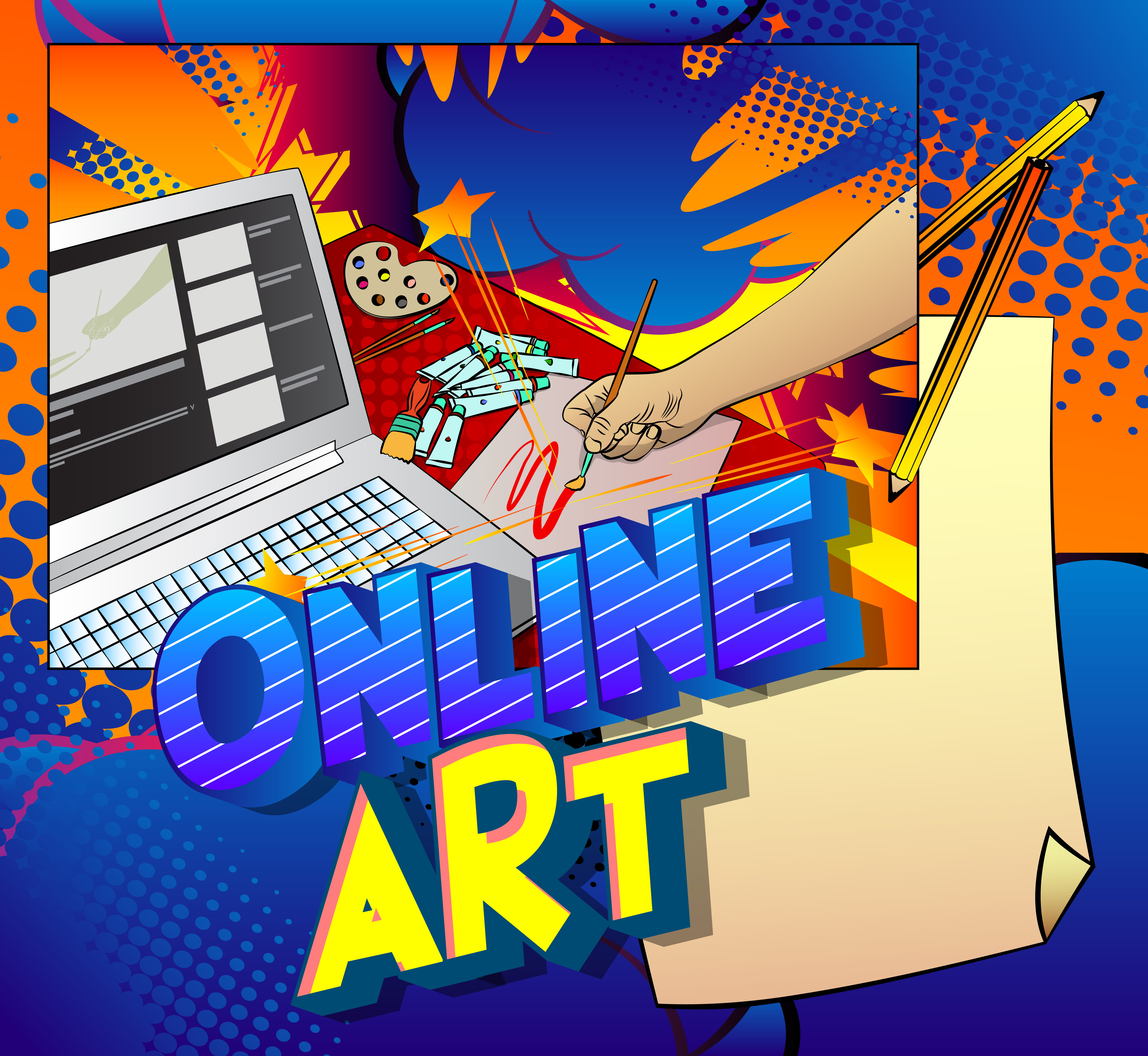 Comic book style poster for distance art education concept with Online Art text. Illustration of a comic book man learning to draw online.