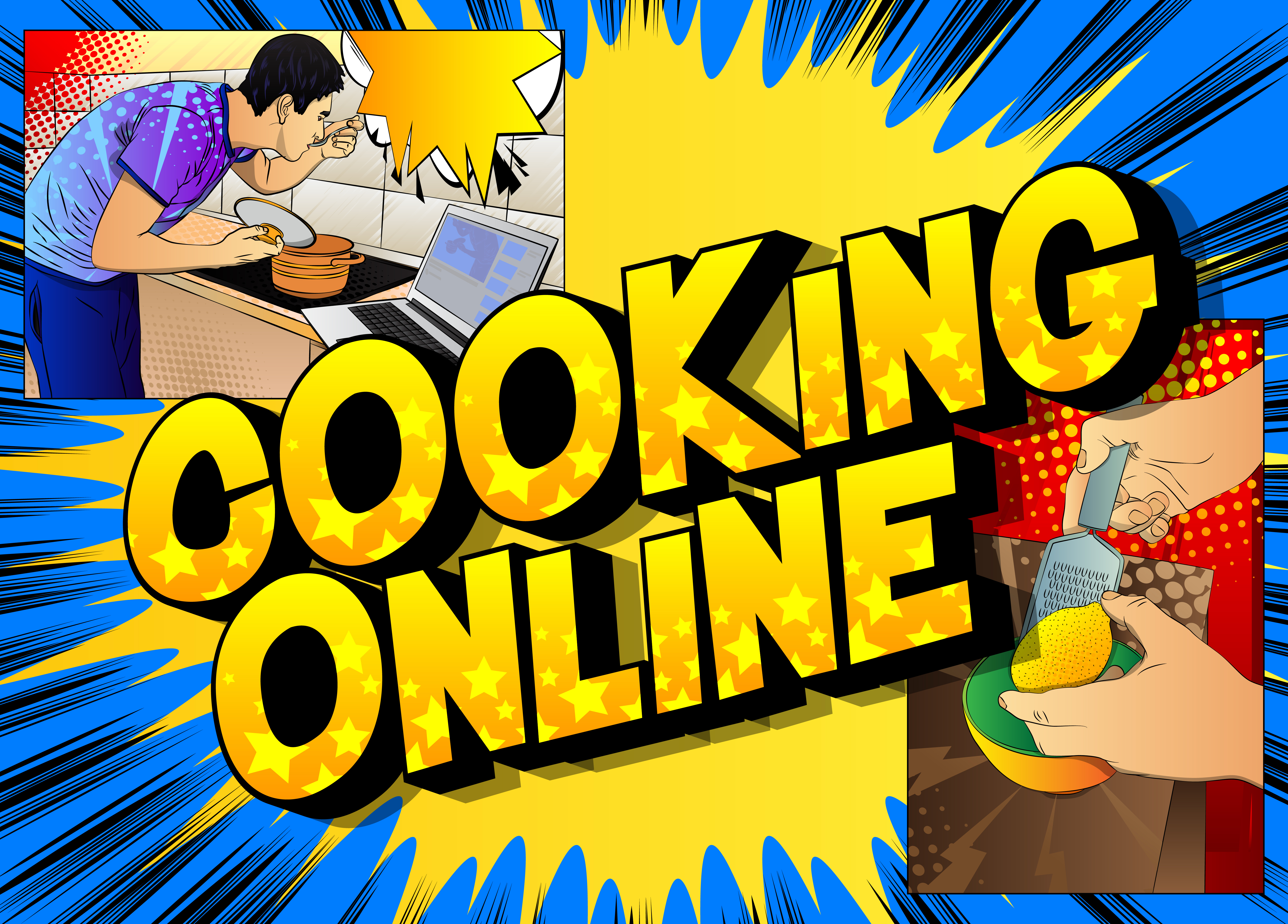 Comic book style poster for online cooking video blog. Man tasting soup from the pan while standing in the kitchen. Watching a cooking courses online.