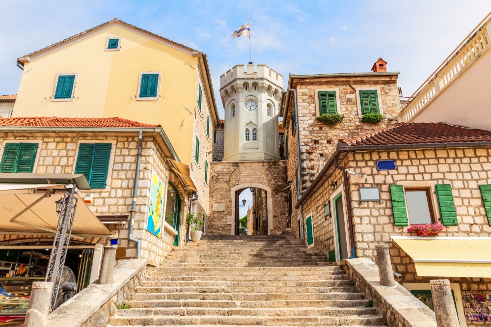 The clock-tower and the gate to the Old town of Herceg Novi, Montenegro.
