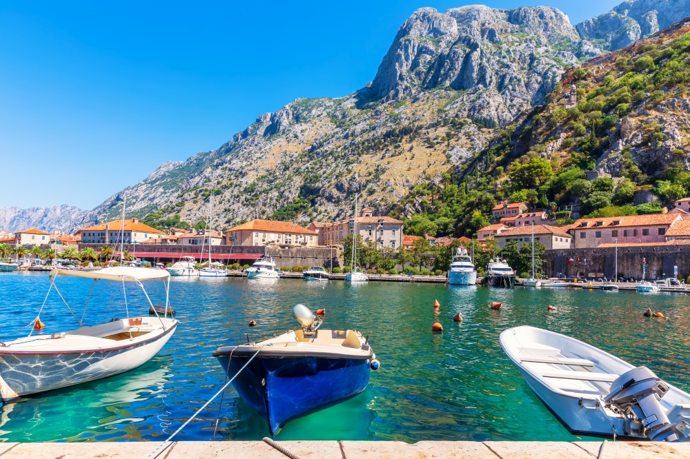 Kotor marina with boats and yachts, beautiful harbour view, Montenegro.