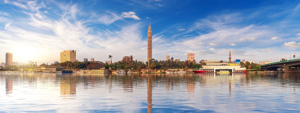 Panorama of Cairo at sunset, the TV Tower and Nile view, Egypt.. Panorama of Cairo at sunset, the TV Tower and Nile view, Egypt
