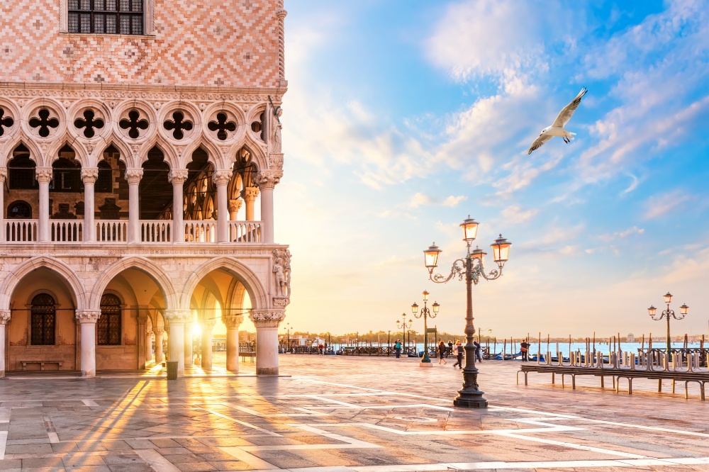 Doge&rsquo;s Palace and gondolas pier on Piazza San Marco, Venice, Italy.
