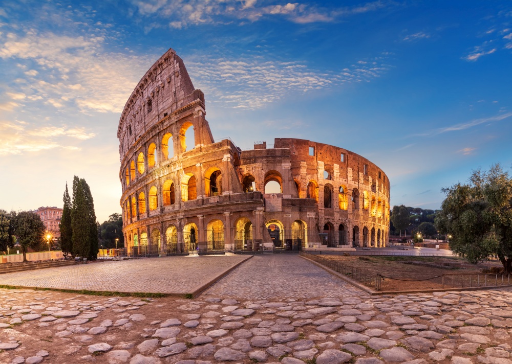 Coliseum at sunrise, summer view without people, Rome, Italy.