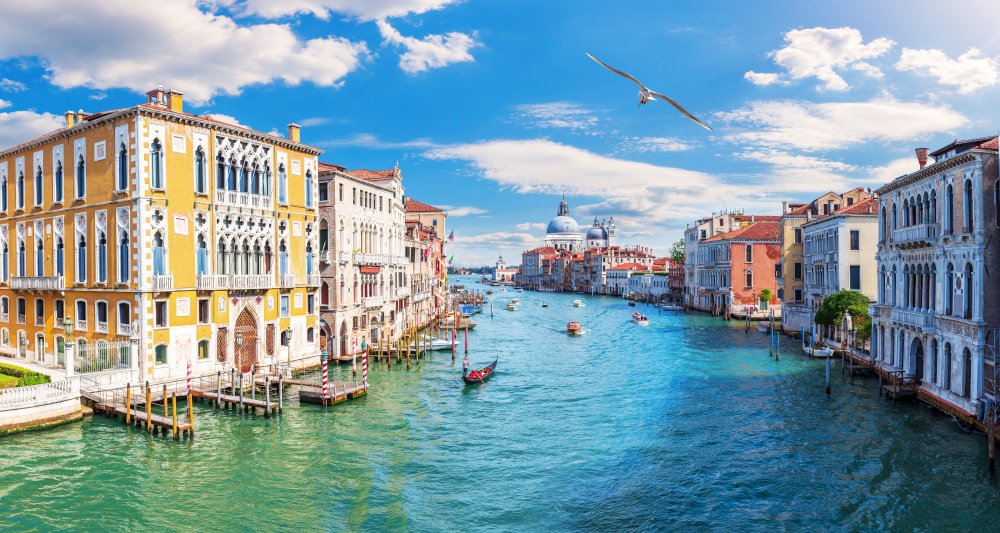 Grand Canal of Venice, view of the Lagoon near Santa Maria della Salute, Italy.