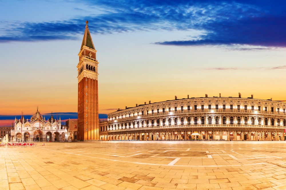 Piazza San Marco with Basilica of Saint Mark at sunset, Venice, Italy.