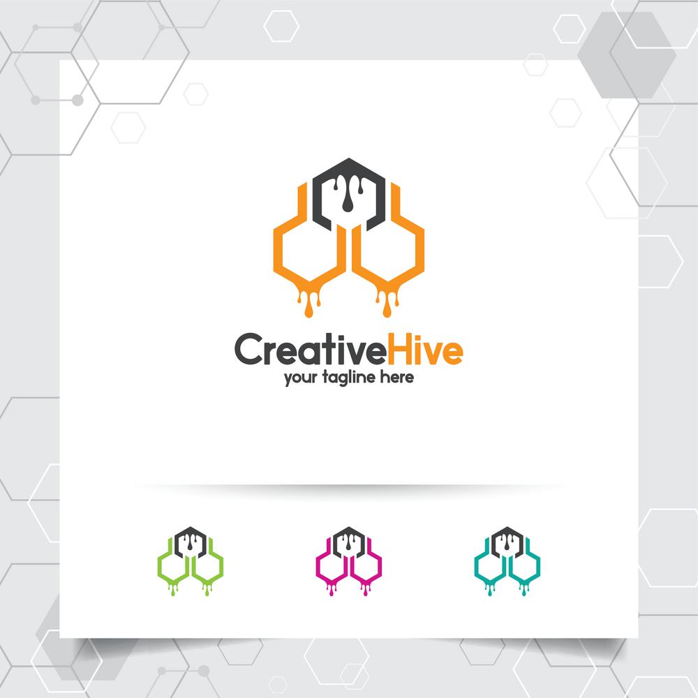 Beehive and honeycomb logo design vector with hexagonal concept and honey droplets illustration.