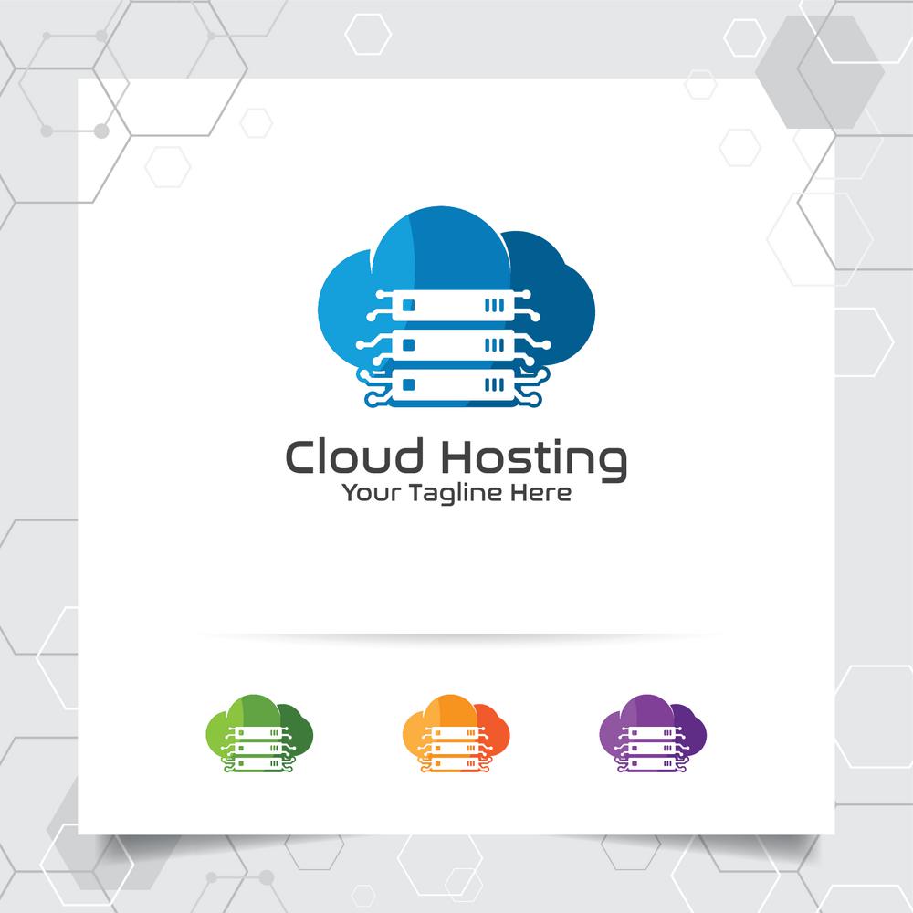 Cloud hosting logo vector design with concept of server and cloud icon. Cloud server vector illustration for hosting provider, server rack, and sharing storage.