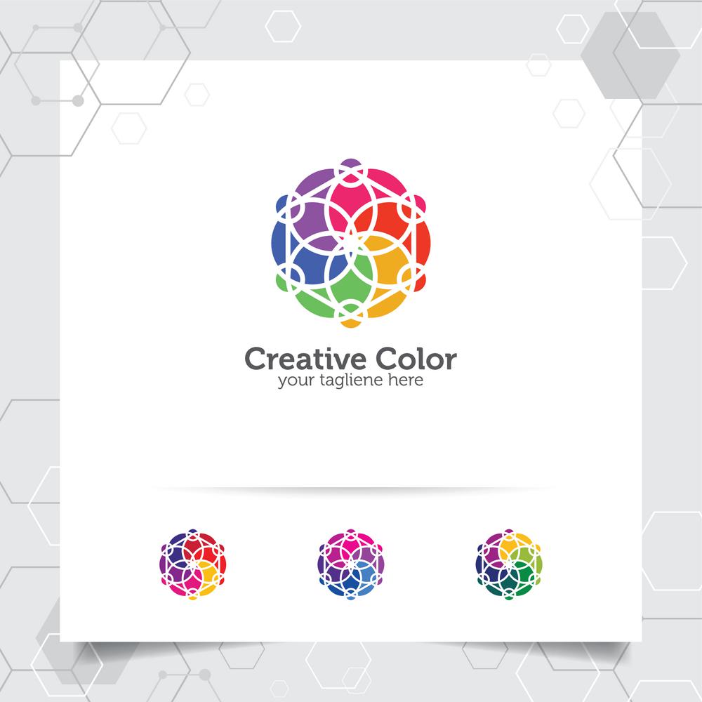 Colorful circle logo design with concept of flower and geometric circle . Abstract colorful vector element used for studio and technology.