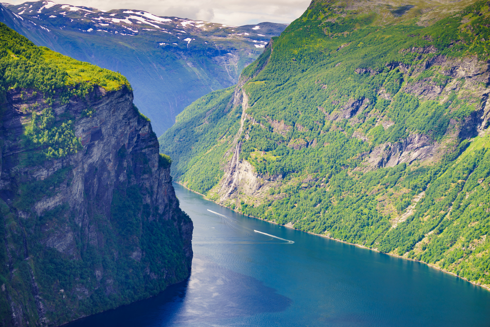 Tourism vacation and travel. Beautiful view over magical Geirangerfjorden from Ornesvingen viewpoint, Norway Scandinavia.. Geirangerfjord in Norway