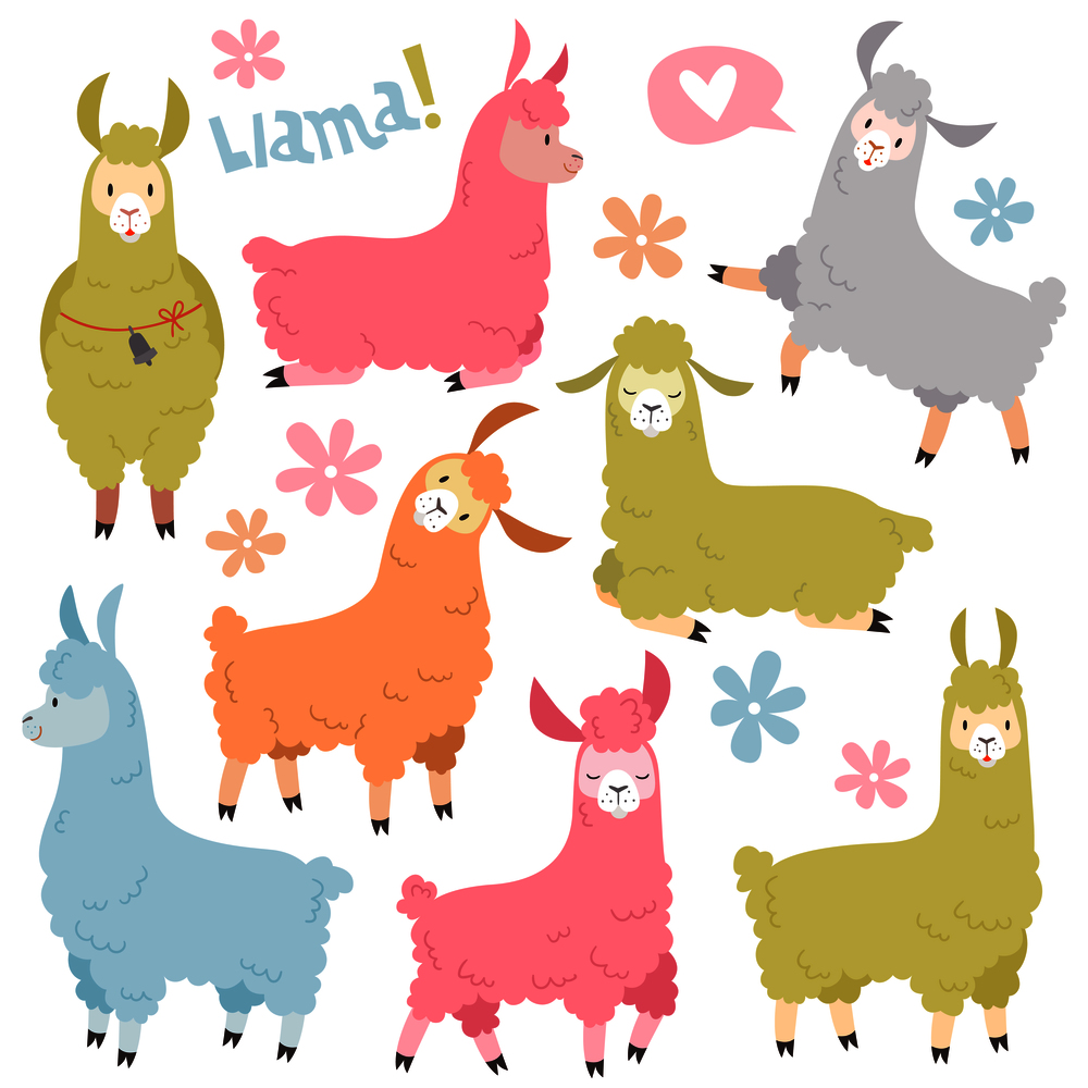 Cute llama set. Baby llamas alpaca, wild lama. Peru camel girl invitation elements cartoon set. Cute llama set. Baby llamas alpaca, wild lama. Peru camel girl invitation elements cartoon vector set
