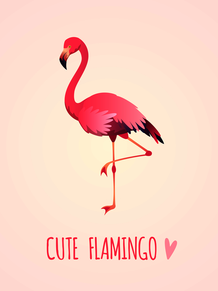 Cute flamingo. Tropical pink bird, girl card poster exotic wild nature, party beach beauty sticker isolated cartoon vector illustration. Cute flamingo. Tropical pink bird, girl card poster exotic wild nature, party beach beauty sticker isolated cartoon