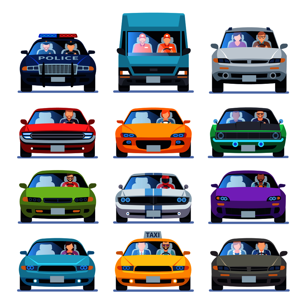 Car front view. Auto automotive people man woman child family urban drivers traffic vehicles driving cars set flat vector set. Car front view. Auto automotive people man woman child family urban drivers traffic vehicles driving cars set flat set