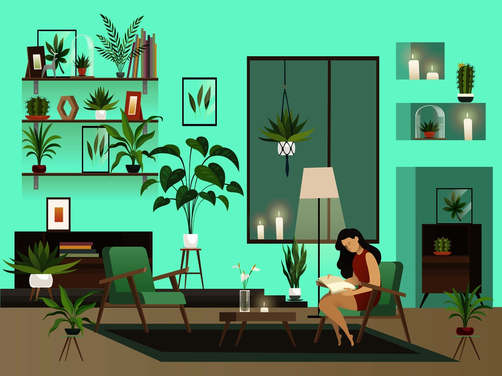 Cozy room. Vector night living room with lone reading woman and urban garden vector illustration. Cozy room. Vector night living room with lone reading woman and urban garden