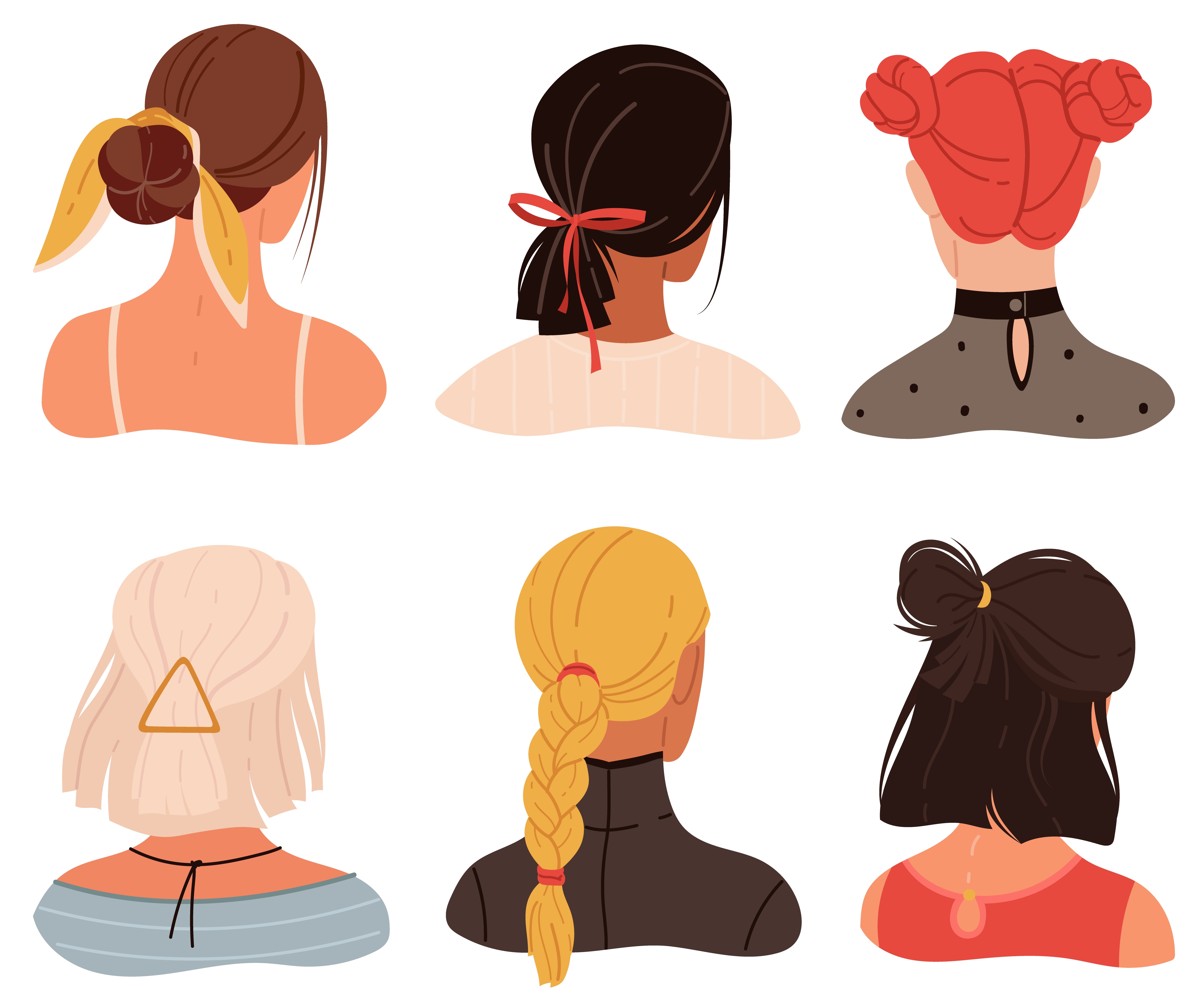 Female stylish hairstyles and accessories. Young women haircuts back view heads, creative modern accessories collection. Blonde, brunette and red hair decoration. Vector isolated trendy portrait set. Female stylish hairstyles and accessories. Young women haircuts back view heads, creative modern accessories. Blonde, brunette and red hair decoration. Vector trendy portrait set