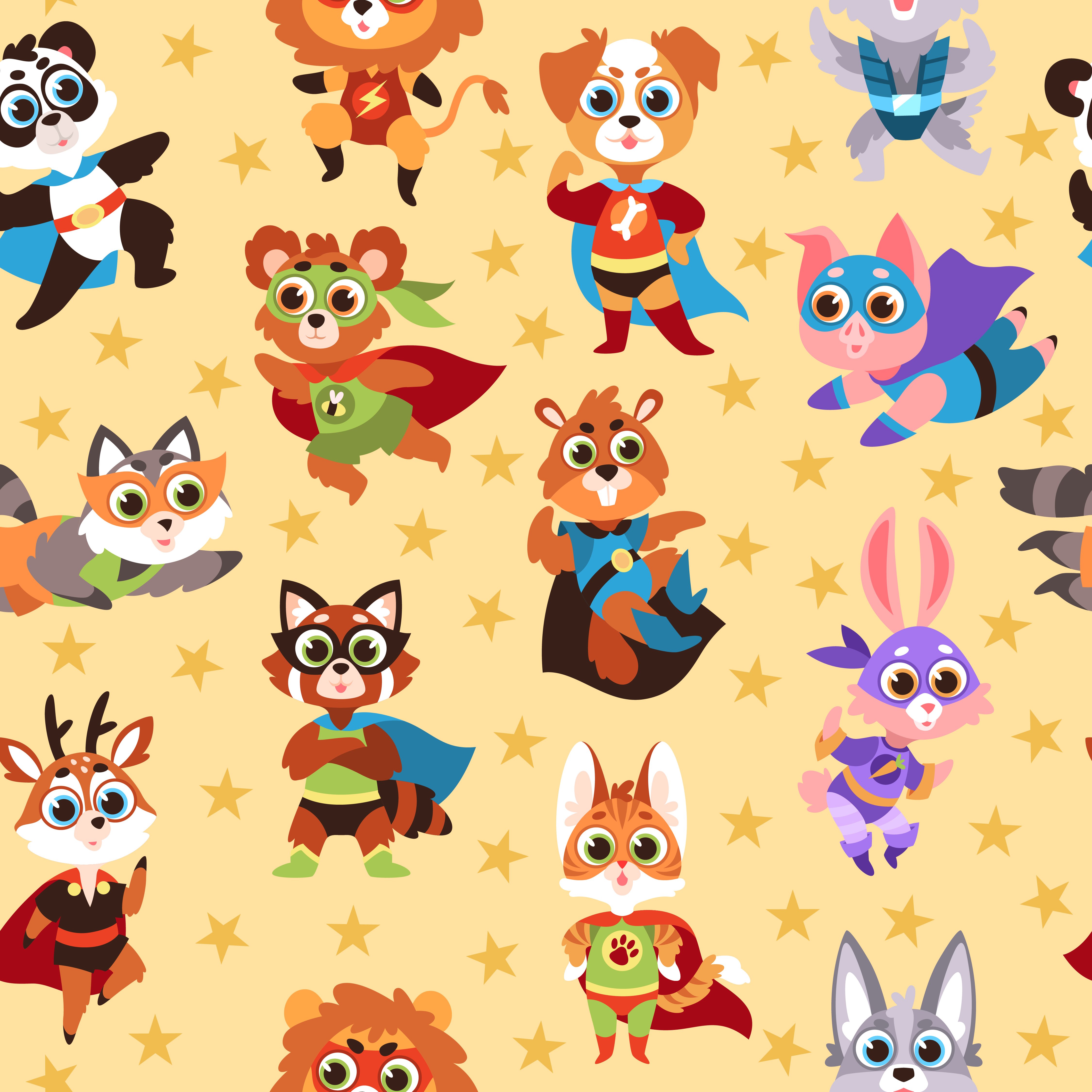Hero animals seamless pattern. Funny kids superhero beasts, costume mask characters, various comic superpowers creatures and stars. Creative design textile, wrapping paper, wallpaper vector texture. Hero animals seamless pattern. Kids superhero beasts, costume mask characters, comic superpowers creatures and stars. Creative design textile, wrapping paper, wallpaper vector texture