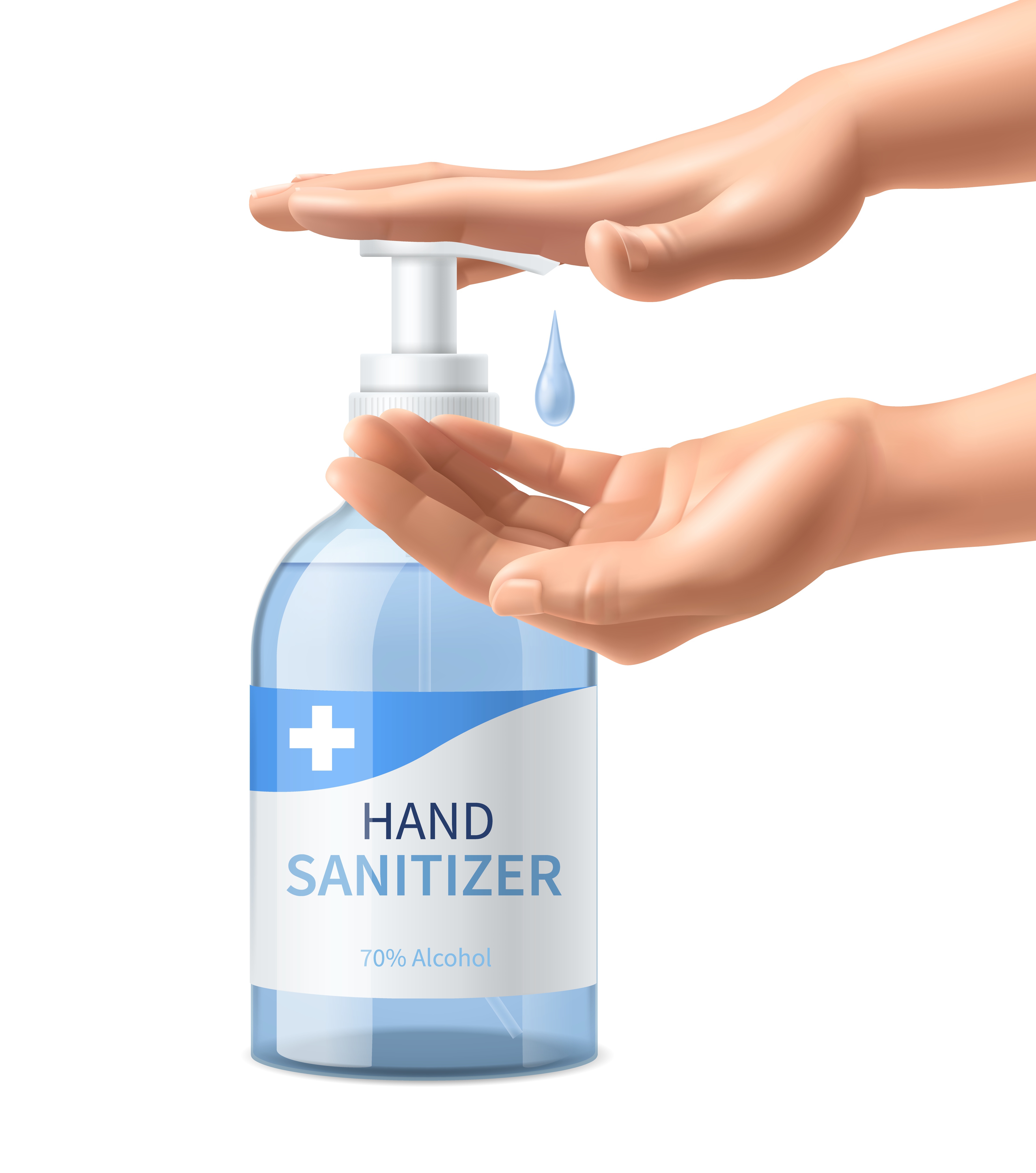 Realistic hands sanitizer bottle. 3d dispenser pump bottle with human hands interaction, transparent disinfectant gel drop in palm. Covid-19 and flu virus protection poster vector promotional banner. Realistic hands sanitizer bottle. 3d dispenser pump bottle with human hands interaction, transparent disinfectant gel drop in palm. Flu virus protection poster vector promotional banner