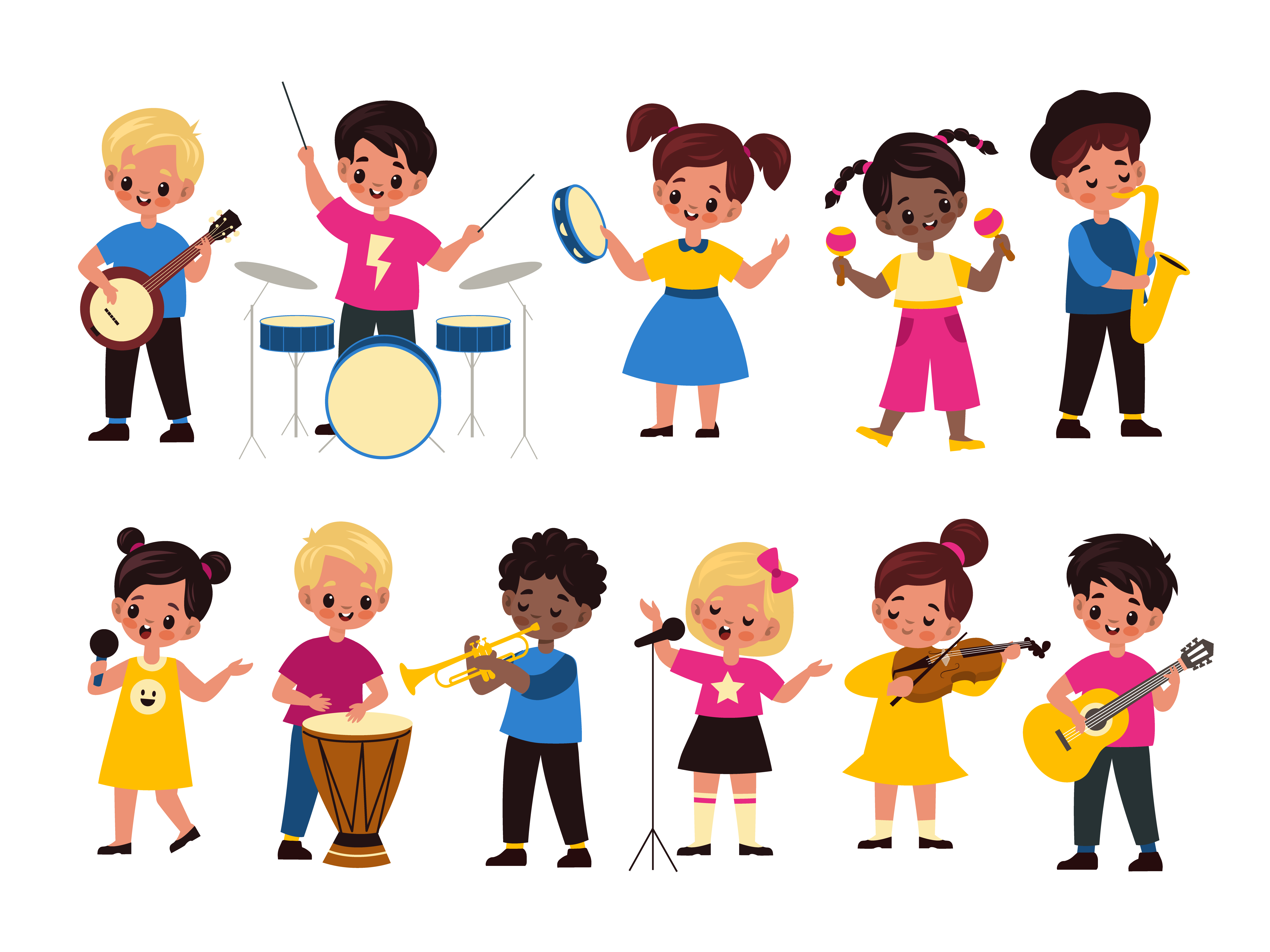 Children music orchestra. Kids music multiracial group, happy girls and boys play different instruments and singing. Violin and guitar, drums and saxophone, trumpet and tambourine cartoon vector set. Children music orchestra. Kids music multiracial group, happy girls and boys play instruments and singing. Violin and guitar, drums and saxophone, trumpet and tambourine vector set
