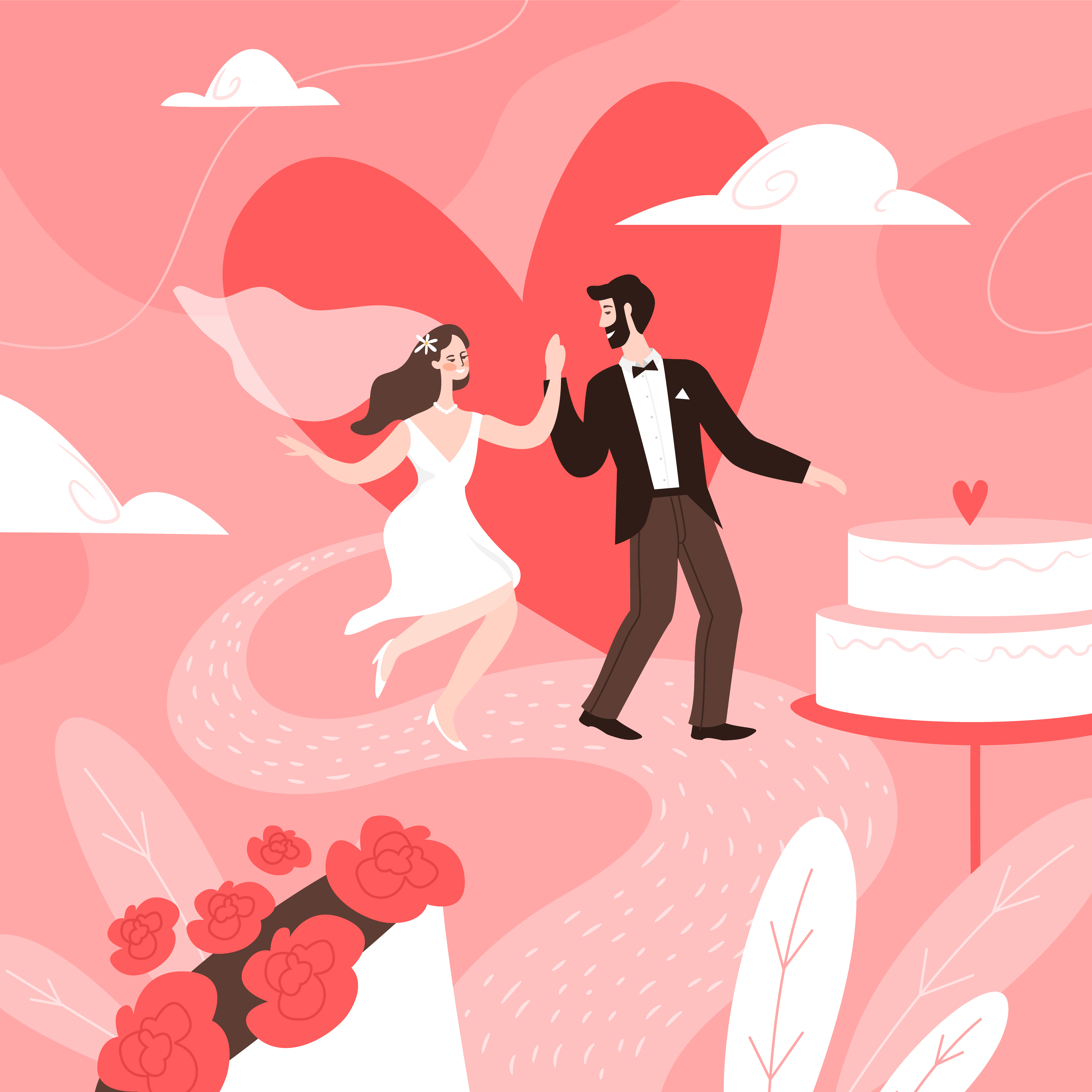 Wedding couple concept. Marriage ceremony, groom and bride cake, husband and wife dansing romantic party time, happy honeymoon, invitation and greeting card vector abstract background in pink colors. Wedding couple concept. Marriage ceremony, groom and bride cake, husband and wife dansing romantic party time, happy honeymoon, invitation and greeting card vector abstract background
